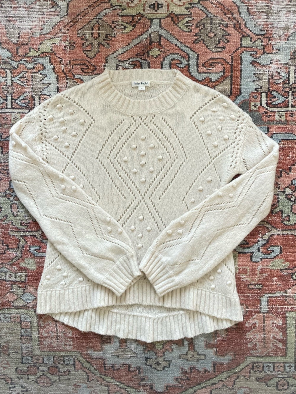 Roller Rabbit Ivory Pointelle Bobble Wool Crewneck Sweater